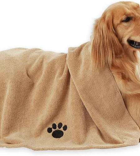 Pet Drying Collection Embroidered Terry Microfiber, Towel X-Large, 41X23.5", Taupe with Black Paw Print
