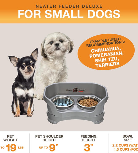 Neater Feeder - Deluxe Model - Mess-Proof Dog Bowls (Small, Gunmetal Grey) - Made in USA - Elevated, No Spill, Non-Tip, Non-Slip, Raised Stainless Steel Food & Water Pet Bowls